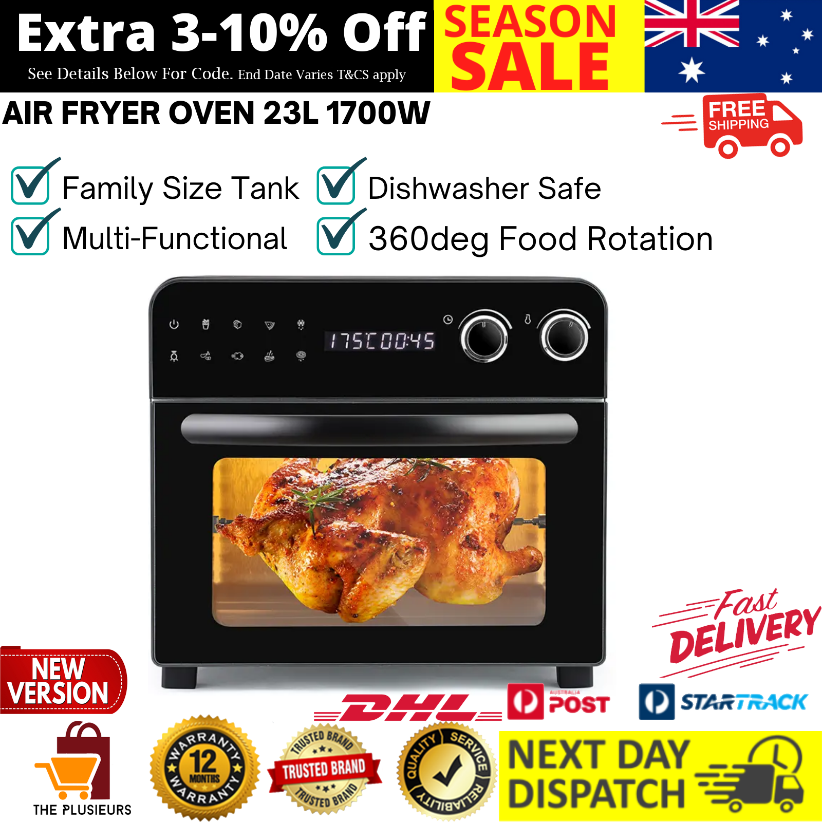 Kogan 23L 1700W Digital Air Fryer Oven Rotisserie Fry Chips Fat Pizza Low Black eBay