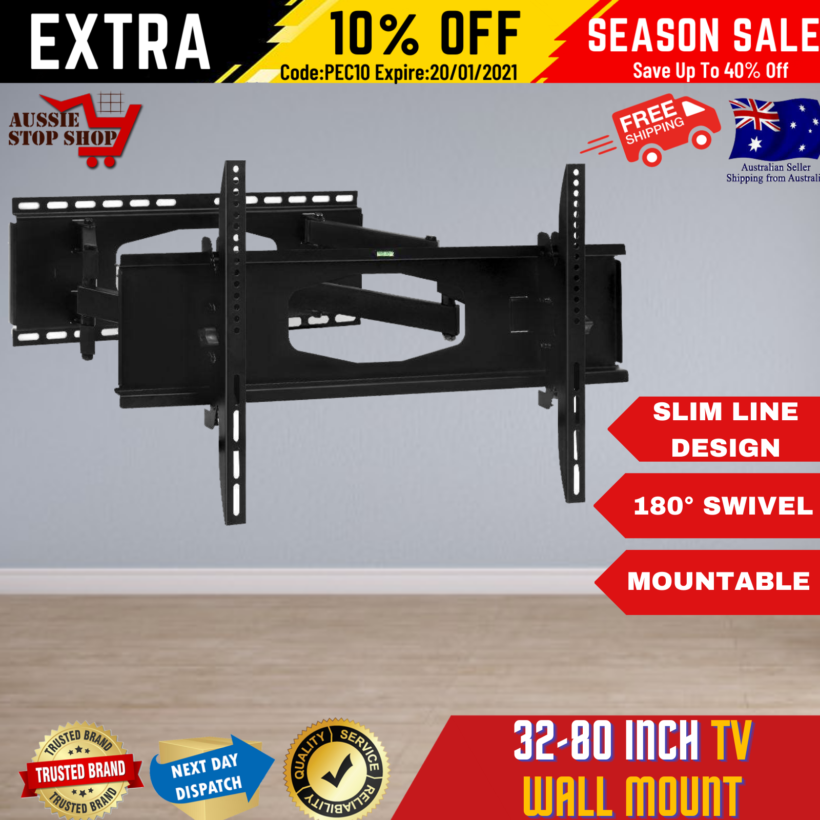 Full Motion TV Wall Mount Bracket Swivel Tilt 32 40 43 50 55 60 65 70